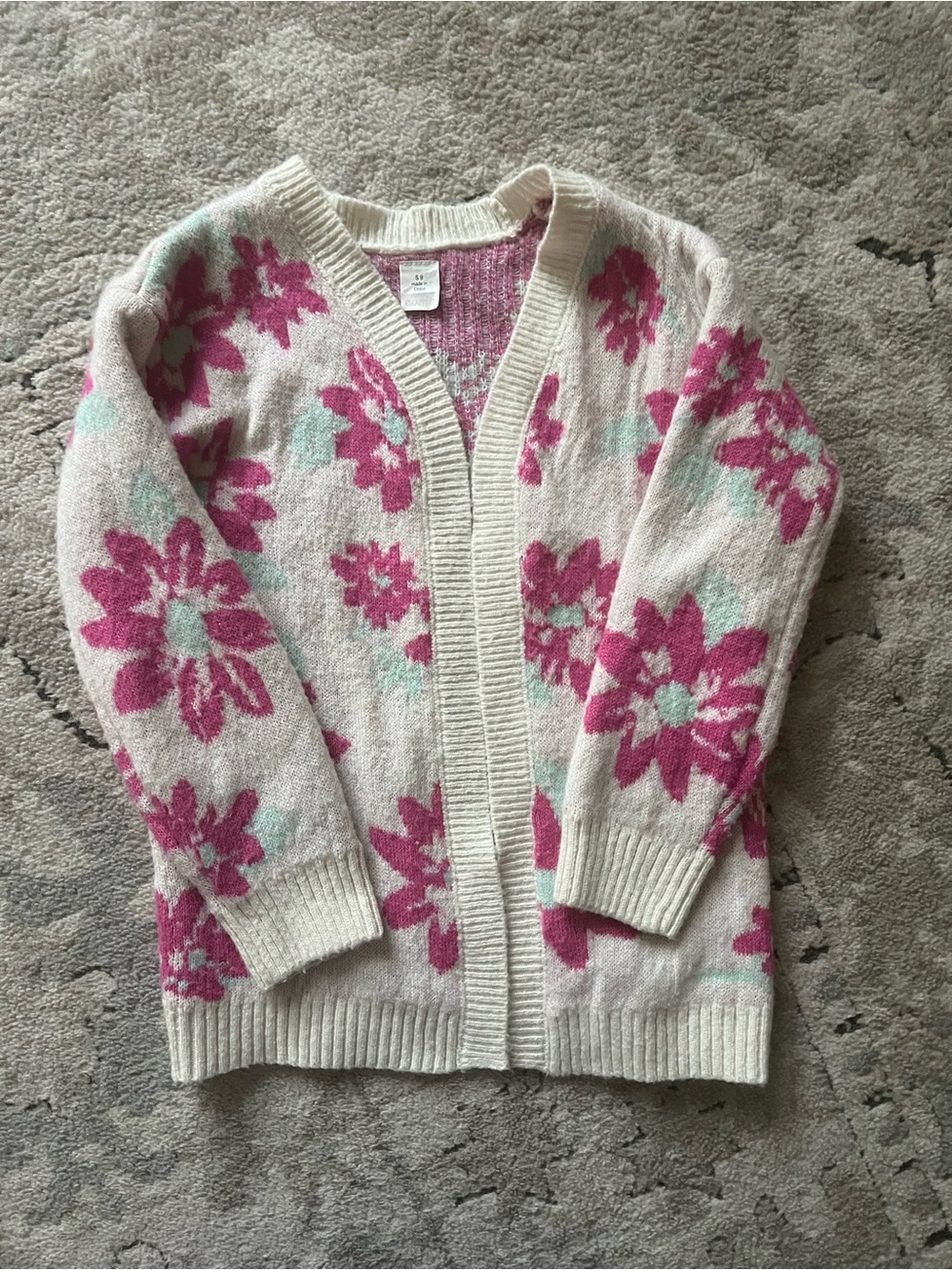 Cream Floral Open-Front Kids Cardigan Sweater with Pink Flowers